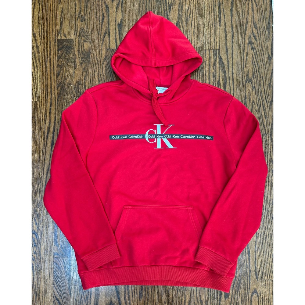 Calvin Klein Mens Red Graphic Logo Pullover Hoodie Size Large New!